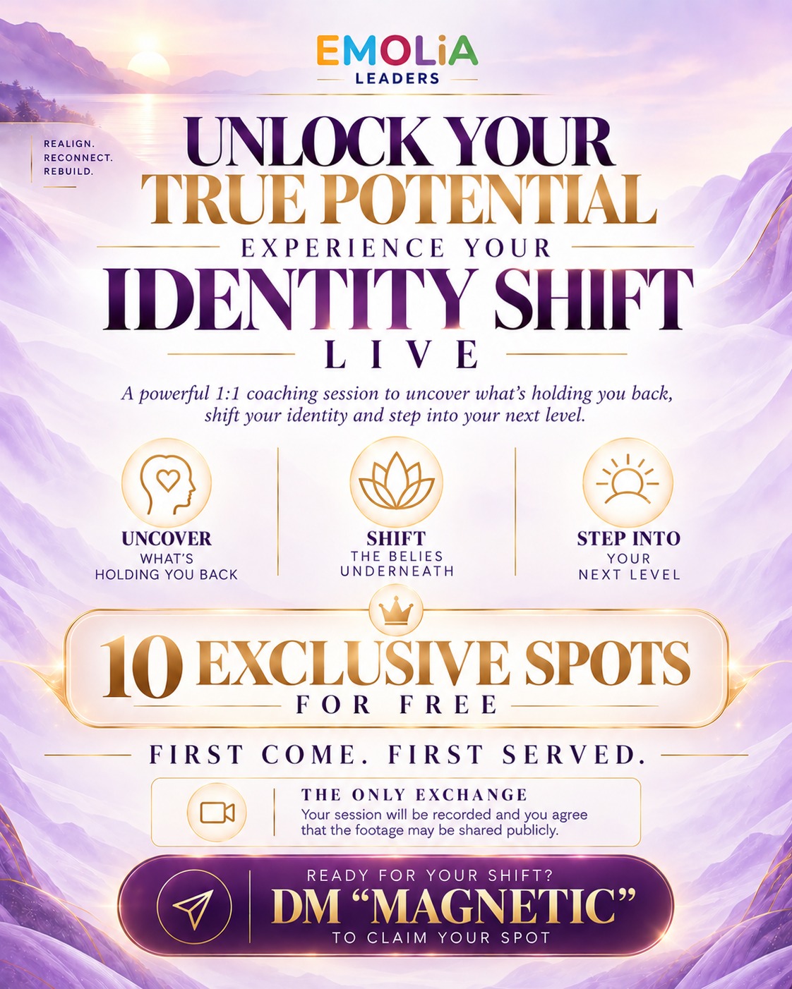 Identity Shift Live invitation: 10 complimentary one-to-one coaching spots with Emily.